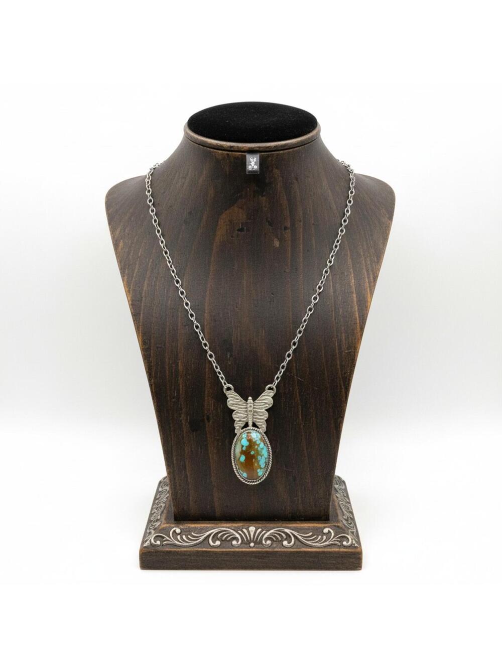 16-18" Sterling Silver Number 8 Mine Turquoise Butterfly Necklace